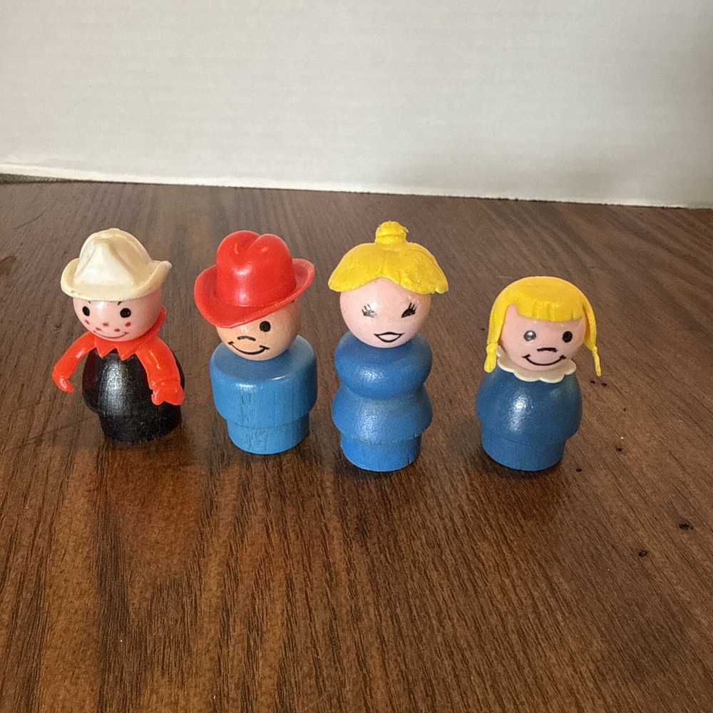 Vintage Fisher Price Little People Lot of 4 Cowboy Fireman Mom Girl Wood Bottoms